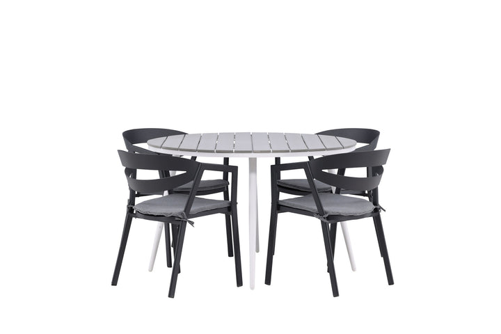 Venture Home Break - Dining Table Round- White / Grey - Alu / Aintwood - 120ø _1+ Slit - Dining Chair inc Cushion- Black /Grey - Aluminium - _4