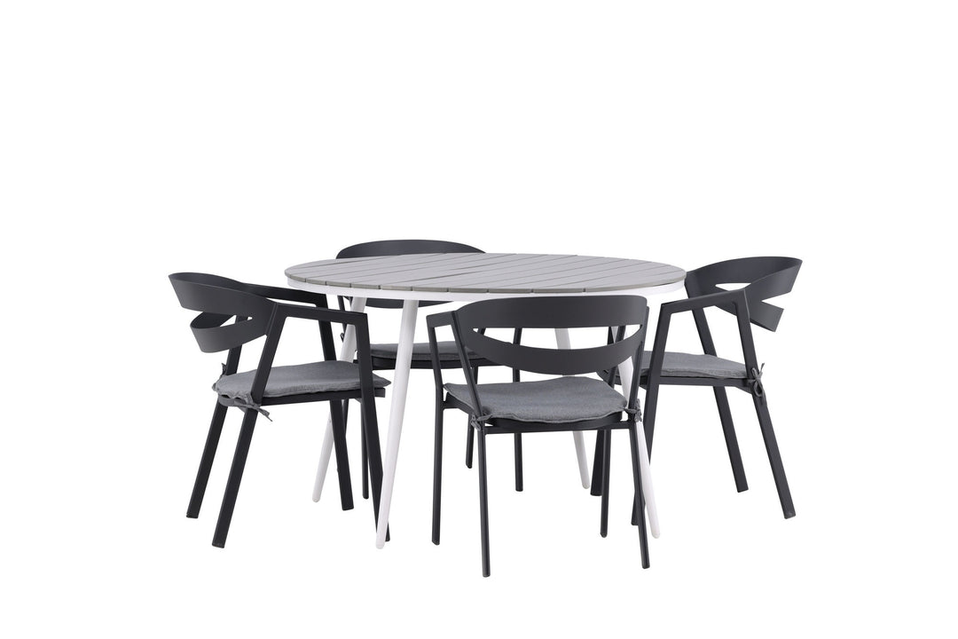 Venture Home Break - Dining Table Round- White / Grey - Alu / Aintwood - 120ø _1+ Slit - Dining Chair inc Cushion- Black /Grey - Aluminium - _4