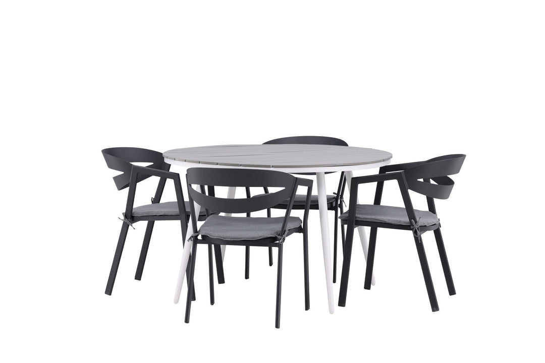 Venture Home Break - Dining Table Round- White / Grey - Alu / Aintwood - 120ø _1+ Slit - Dining Chair inc Cushion- Black /Grey - Aluminium - _4
