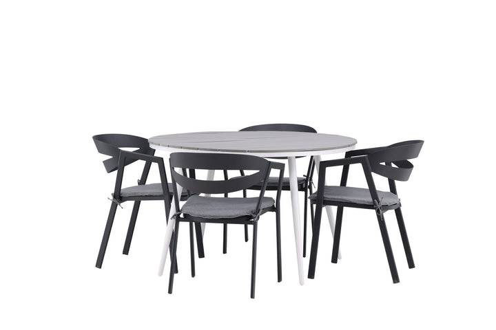 Venture Home Break - Dining Table Round- White / Grey - Alu / Aintwood - 120ø _1+ Slit - Dining Chair inc Cushion- Black /Grey - Aluminium - _4