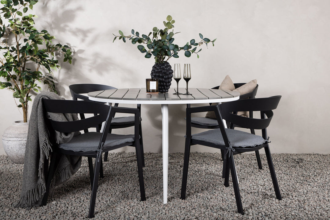 Venture Home Break - Dining Table Round- White / Grey - Alu / Aintwood - 120ø _1+ Slit - Dining Chair inc Cushion- Black /Grey - Aluminium - _4