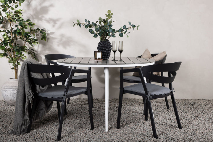 Venture Home Break - Dining Table Round- White / Grey - Alu / Aintwood - 120ø _1+ Slit - Dining Chair inc Cushion- Black /Grey - Aluminium - _4