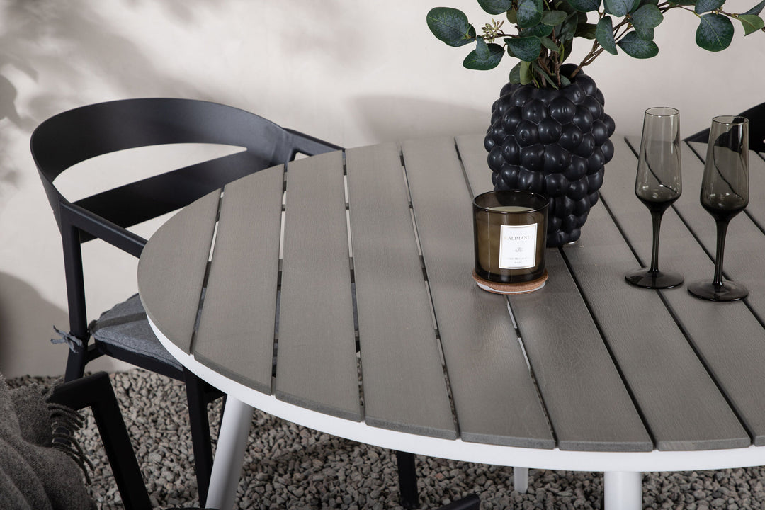 Venture Home Break - Dining Table Round- White / Grey - Alu / Aintwood - 120ø _1+ Slit - Dining Chair inc Cushion- Black /Grey - Aluminium - _4