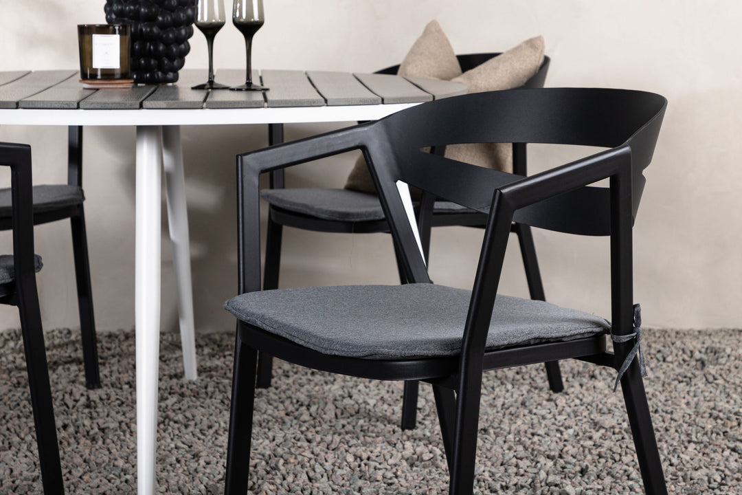 Venture Home Break - Dining Table Round- White / Grey - Alu / Aintwood - 120ø _1+ Slit - Dining Chair inc Cushion- Black /Grey - Aluminium - _4