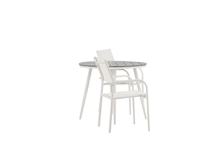 Venture Home Break - Dining Table Round- White / Grey - Alu / Aintwood - 90ø _1+ Santorini Arm Chair (Stackable) - White Alu / White Textilene _2