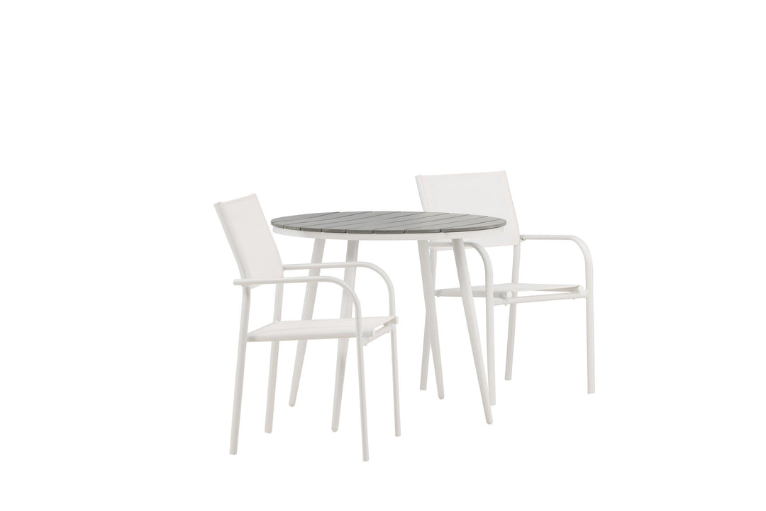 Venture Home Break - Dining Table Round- White / Grey - Alu / Aintwood - 90ø _1+ Santorini Arm Chair (Stackable) - White Alu / White Textilene _2