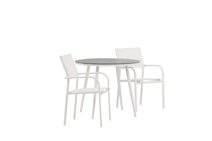 Venture Home Break - Dining Table Round- White / Grey - Alu / Aintwood - 90ø _1+ Santorini Arm Chair (Stackable) - White Alu / White Textilene _2