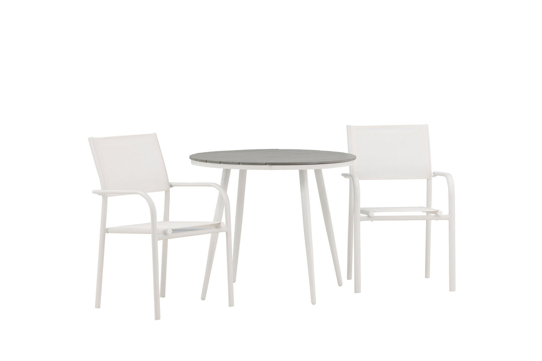 Venture Home Break - Dining Table Round- White / Grey - Alu / Aintwood - 90ø _1+ Santorini Arm Chair (Stackable) - White Alu / White Textilene _2
