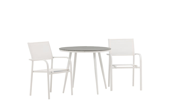 Venture Home Break - Dining Table Round- White / Grey - Alu / Aintwood - 90ø _1+ Santorini Arm Chair (Stackable) - White Alu / White Textilene _2