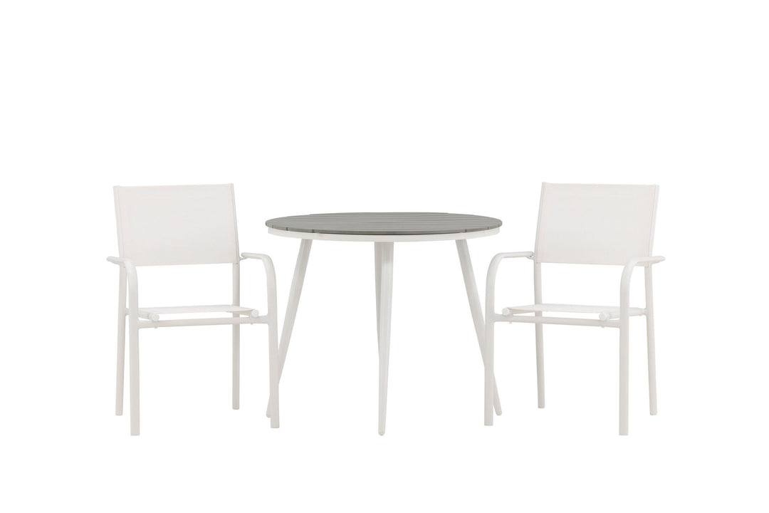 Venture Home Break - Dining Table Round- White / Grey - Alu / Aintwood - 90ø _1+ Santorini Arm Chair (Stackable) - White Alu / White Textilene _2