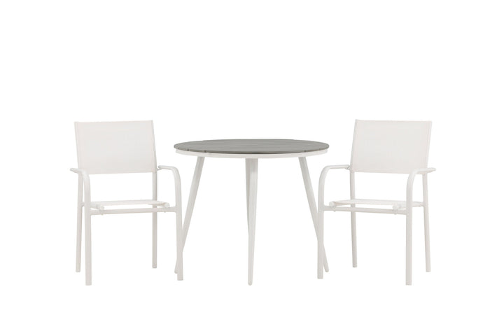 Venture Home Break - Dining Table Round- White / Grey - Alu / Aintwood - 90ø _1+ Santorini Arm Chair (Stackable) - White Alu / White Textilene _2