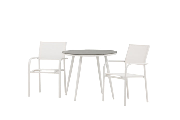 Venture Home Break - Dining Table Round- White / Grey - Alu / Aintwood - 90ø _1+ Santorini Arm Chair (Stackable) - White Alu / White Textilene _2