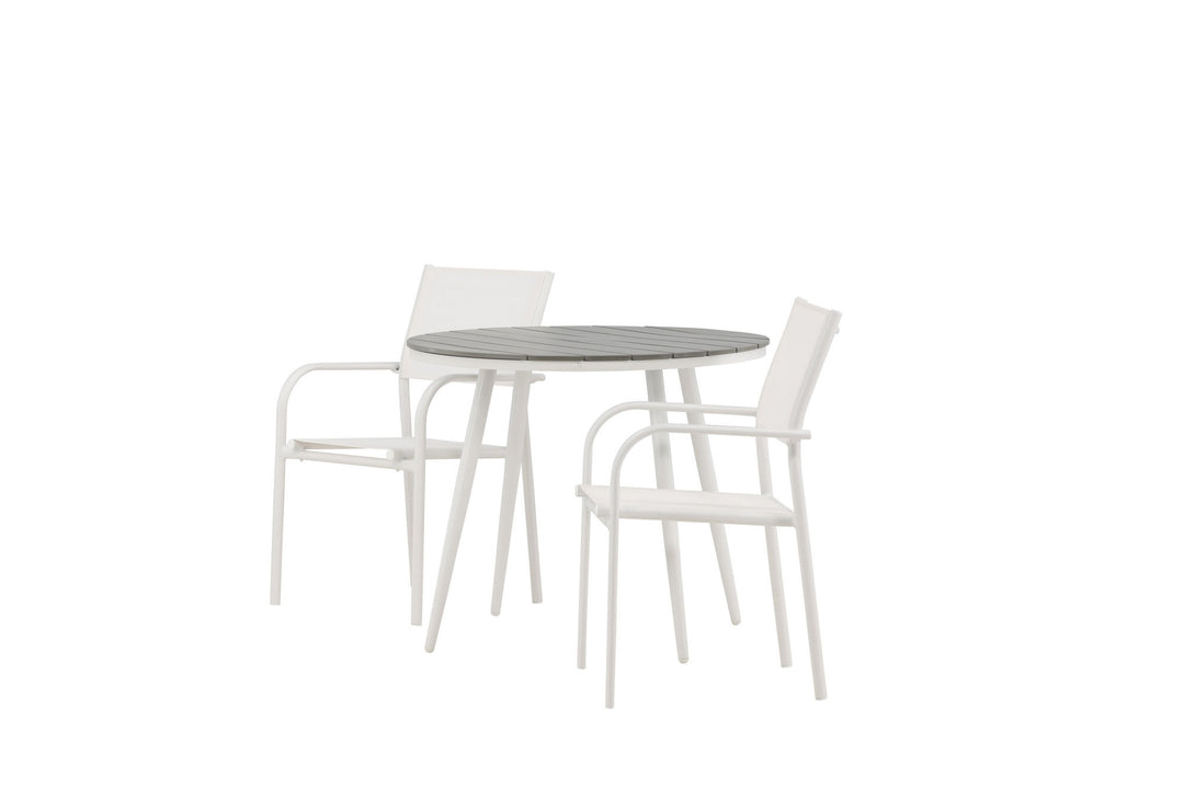 Venture Home Break - Dining Table Round- White / Grey - Alu / Aintwood - 90ø _1+ Santorini Arm Chair (Stackable) - White Alu / White Textilene _2