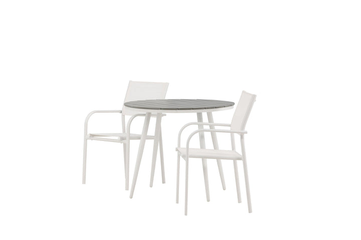 Venture Home Break - Dining Table Round- White / Grey - Alu / Aintwood - 90ø _1+ Santorini Arm Chair (Stackable) - White Alu / White Textilene _2