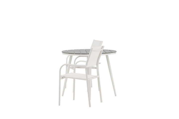 Venture Home Break - Dining Table Round- White / Grey - Alu / Aintwood - 90ø _1+ Santorini Arm Chair (Stackable) - White Alu / White Textilene _2