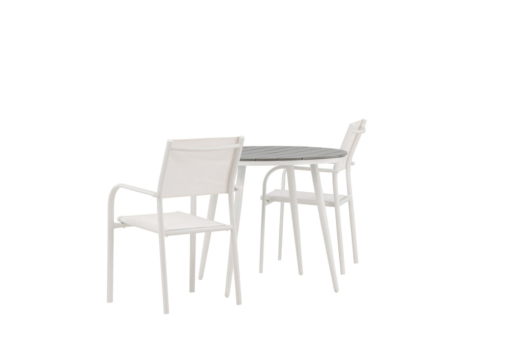 Venture Home Break - Dining Table Round- White / Grey - Alu / Aintwood - 90ø _1+ Santorini Arm Chair (Stackable) - White Alu / White Textilene _2