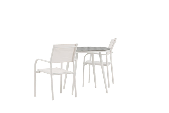 Venture Home Break - Dining Table Round- White / Grey - Alu / Aintwood - 90ø _1+ Santorini Arm Chair (Stackable) - White Alu / White Textilene _2