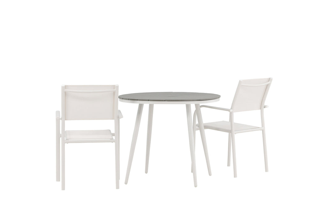 Venture Home Break - Dining Table Round- White / Grey - Alu / Aintwood - 90ø _1+ Santorini Arm Chair (Stackable) - White Alu / White Textilene _2