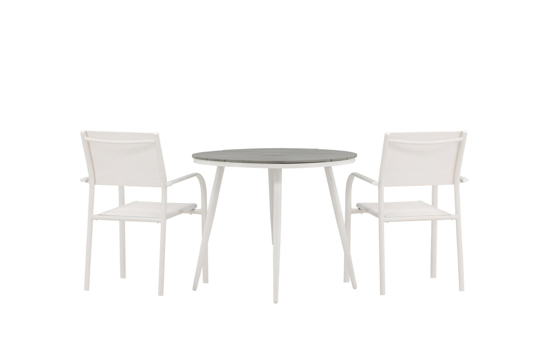 Venture Home Break - Dining Table Round- White / Grey - Alu / Aintwood - 90ø _1+ Santorini Arm Chair (Stackable) - White Alu / White Textilene _2