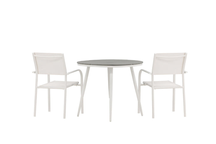 Venture Home Break - Dining Table Round- White / Grey - Alu / Aintwood - 90ø _1+ Santorini Arm Chair (Stackable) - White Alu / White Textilene _2