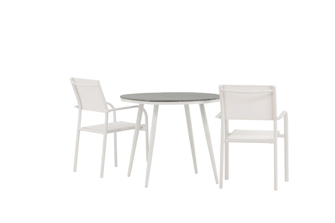 Venture Home Break - Dining Table Round- White / Grey - Alu / Aintwood - 90ø _1+ Santorini Arm Chair (Stackable) - White Alu / White Textilene _2