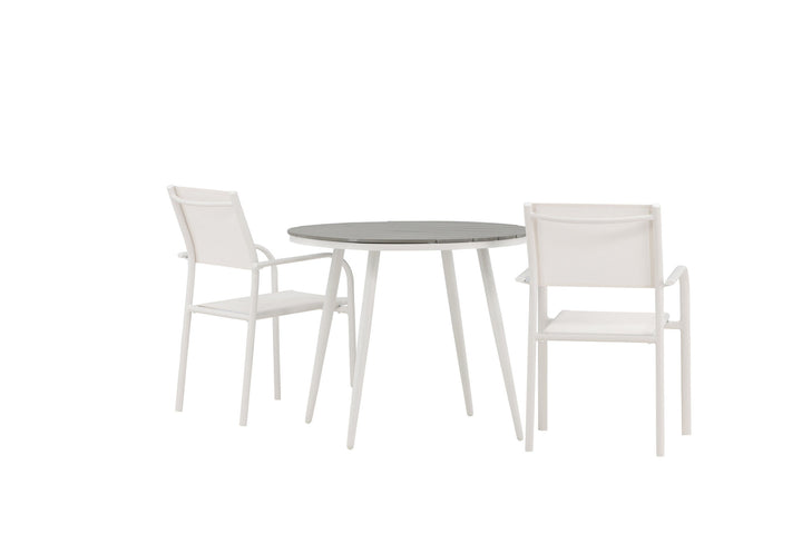Venture Home Break - Dining Table Round- White / Grey - Alu / Aintwood - 90ø _1+ Santorini Arm Chair (Stackable) - White Alu / White Textilene _2