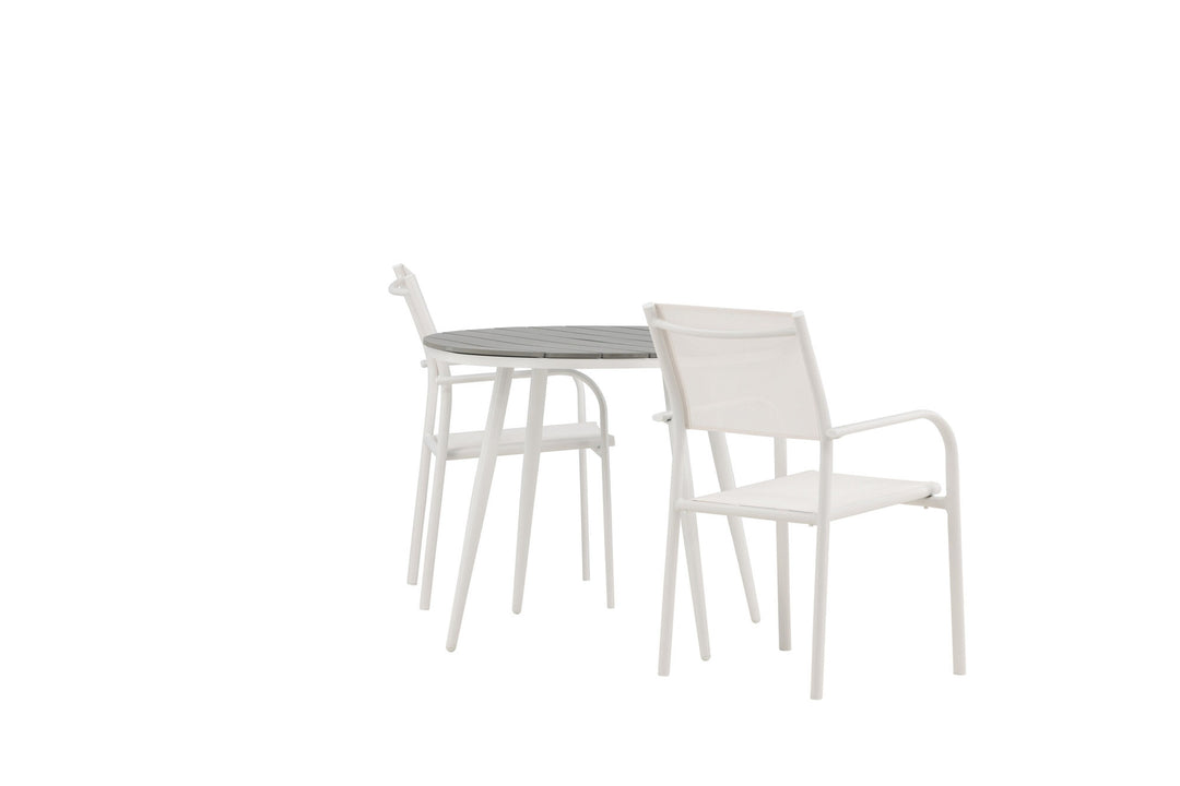 Venture Home Break - Dining Table Round- White / Grey - Alu / Aintwood - 90ø _1+ Santorini Arm Chair (Stackable) - White Alu / White Textilene _2