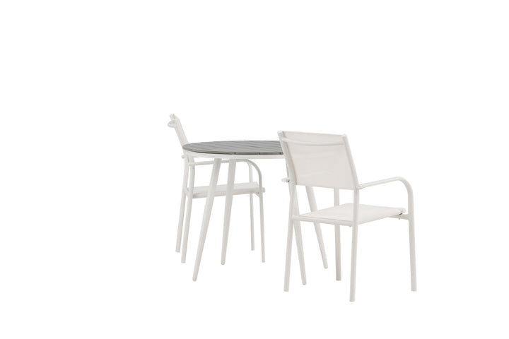 Venture Home Break - Dining Table Round- White / Grey - Alu / Aintwood - 90ø _1+ Santorini Arm Chair (Stackable) - White Alu / White Textilene _2