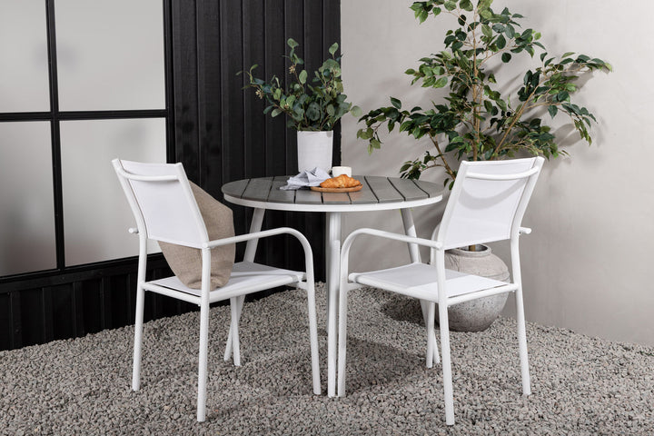 Venture Home Break - Dining Table Round- White / Grey - Alu / Aintwood - 90ø _1+ Santorini Arm Chair (Stackable) - White Alu / White Textilene _2