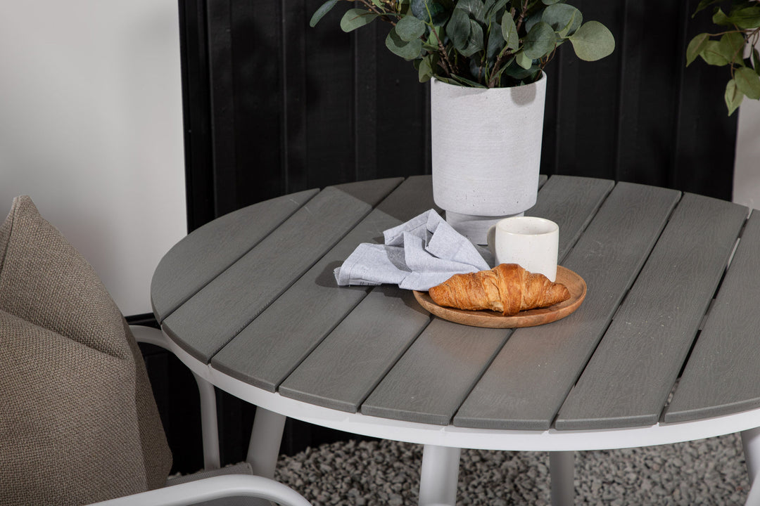 Venture Home Break - Dining Table Round- White / Grey - Alu / Aintwood - 90ø _1+ Santorini Arm Chair (Stackable) - White Alu / White Textilene _2