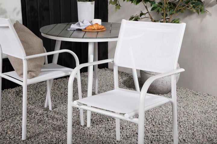 Venture Home Break - Dining Table Round- White / Grey - Alu / Aintwood - 90ø _1+ Santorini Arm Chair (Stackable) - White Alu / White Textilene _2