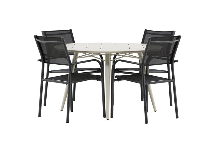 Venture Home Lina Dining Table - Beige - Round 120 cm _1+ Santorini Arm Chair (Stackable) - Black alu / Black Textilene _4