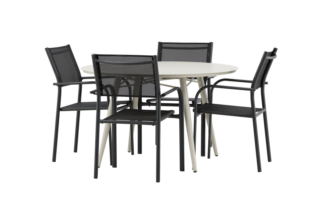 Venture Home Lina Dining Table - Beige - Round 120 cm _1+ Santorini Arm Chair (Stackable) - Black alu / Black Textilene _4