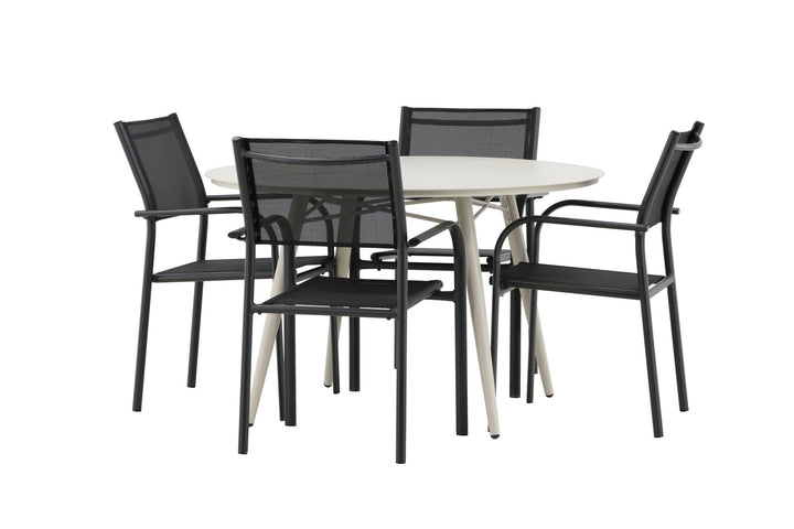 Venture Home Lina Dining Table - Beige - Round 120 cm _1+ Santorini Arm Chair (Stackable) - Black alu / Black Textilene _4