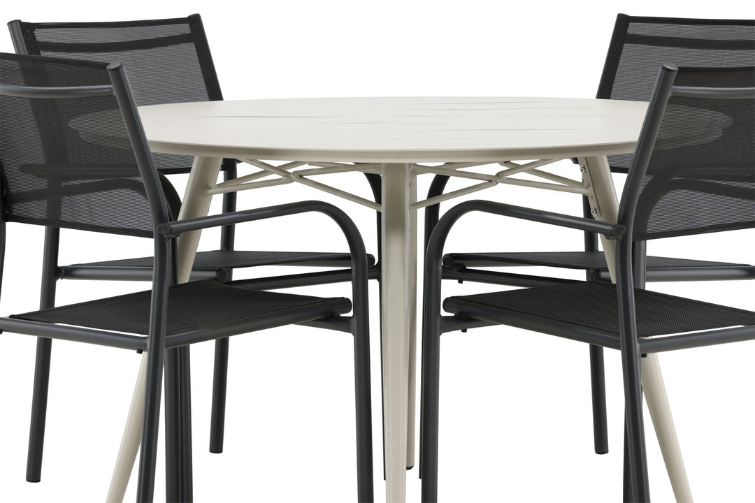 Venture Home Lina Dining Table - Beige - Round 120 cm _1+ Santorini Arm Chair (Stackable) - Black alu / Black Textilene _4