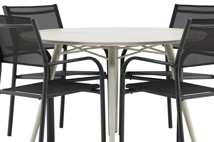 Venture Home Lina Dining Table - Beige - Round 120 cm _1+ Santorini Arm Chair (Stackable) - Black alu / Black Textilene _4