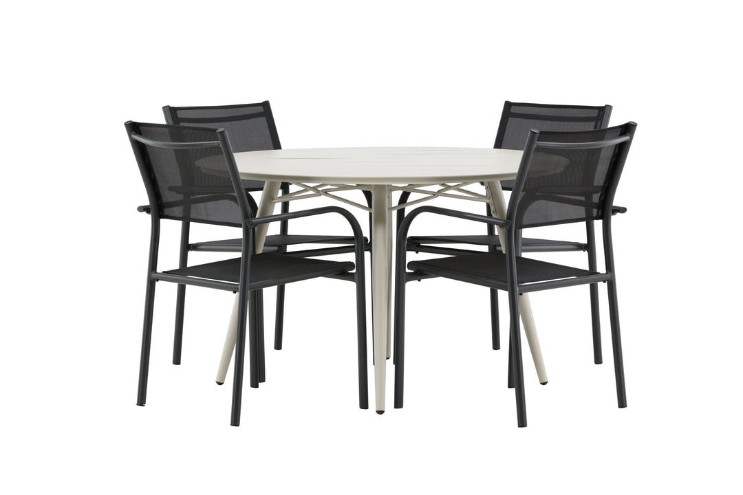 Venture Home Lina Dining Table - Beige - Round 120 cm _1+ Santorini Arm Chair (Stackable) - Black alu / Black Textilene _4