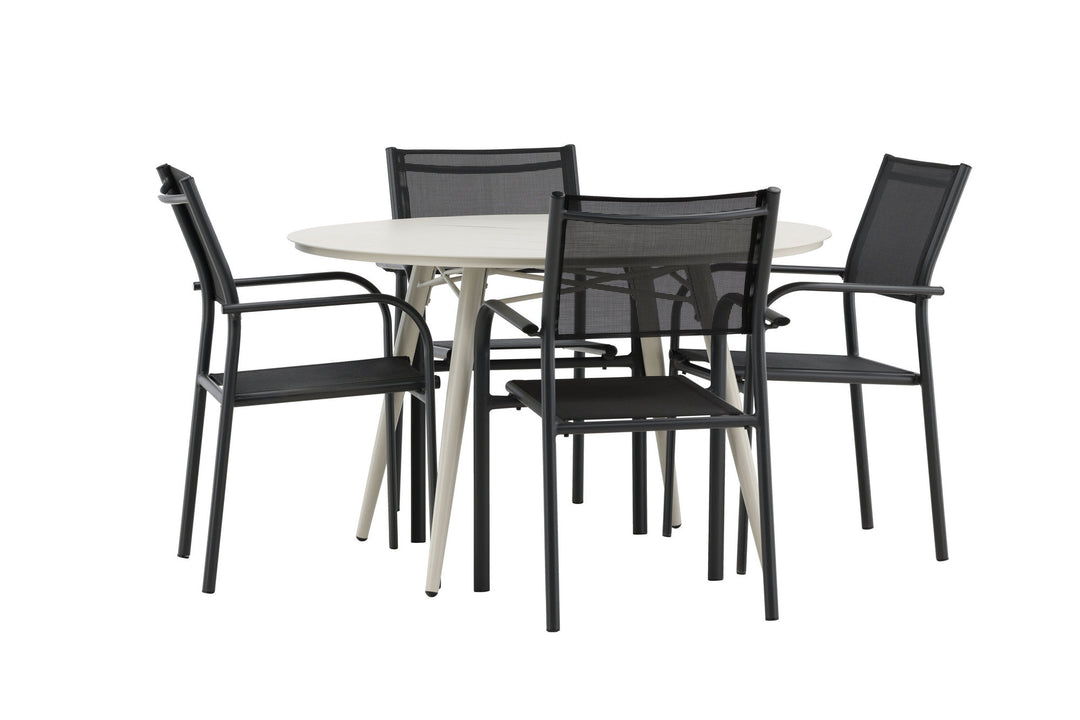 Venture Home Lina Dining Table - Beige - Round 120 cm _1+ Santorini Arm Chair (Stackable) - Black alu / Black Textilene _4