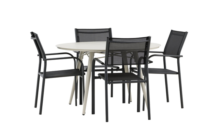Venture Home Lina Dining Table - Beige - Round 120 cm _1+ Santorini Arm Chair (Stackable) - Black alu / Black Textilene _4