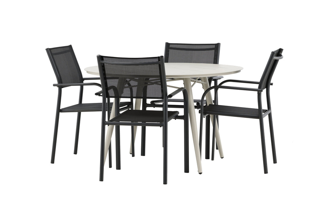 Venture Home Lina Dining Table - Beige - Round 120 cm _1+ Santorini Arm Chair (Stackable) - Black alu / Black Textilene _4