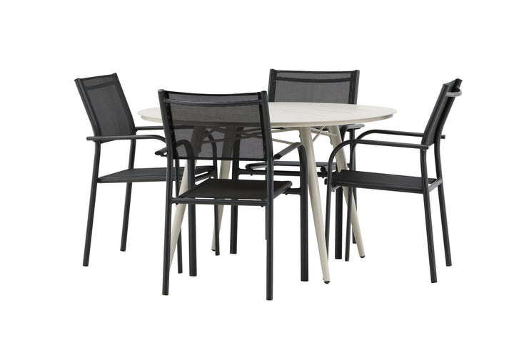 Venture Home Lina Dining Table - Beige - Round 120 cm _1+ Santorini Arm Chair (Stackable) - Black alu / Black Textilene _4