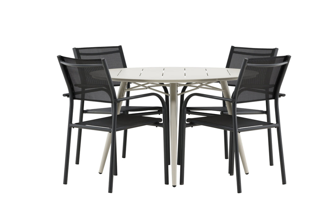 Venture Home Lina Dining Table - Beige - Round 120 cm _1+ Santorini Arm Chair (Stackable) - Black alu / Black Textilene _4