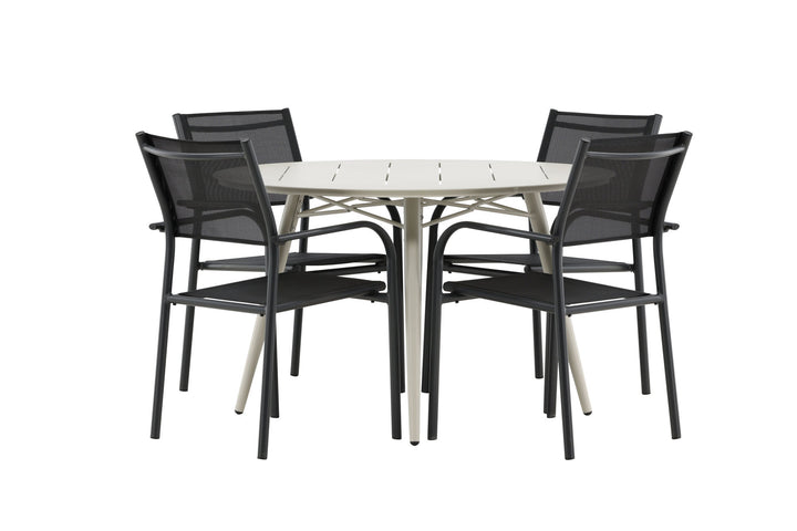 Venture Home Lina Dining Table - Beige - Round 120 cm _1+ Santorini Arm Chair (Stackable) - Black alu / Black Textilene _4