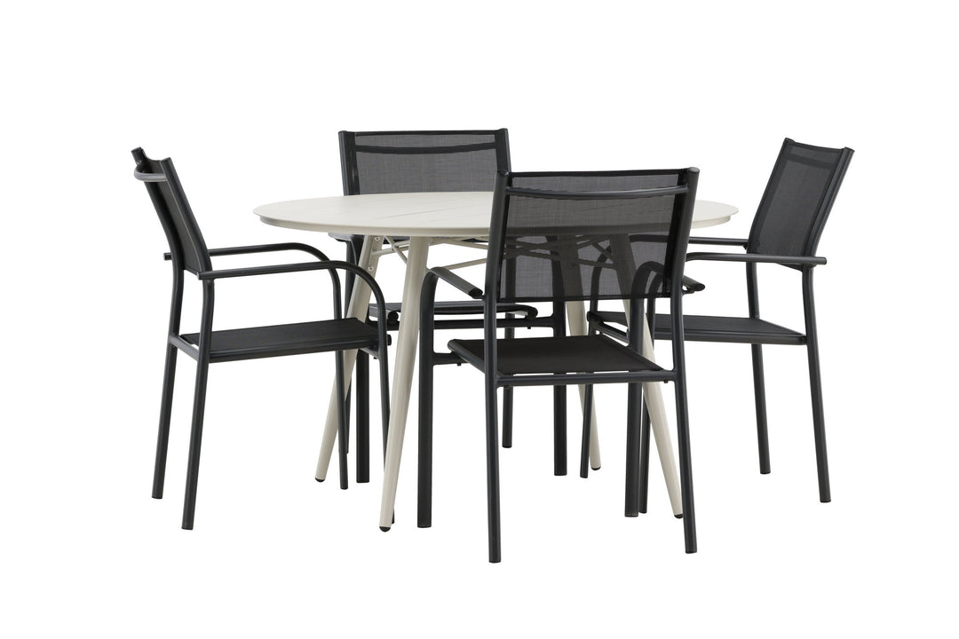 Venture Home Lina Dining Table - Beige - Round 120 cm _1+ Santorini Arm Chair (Stackable) - Black alu / Black Textilene _4