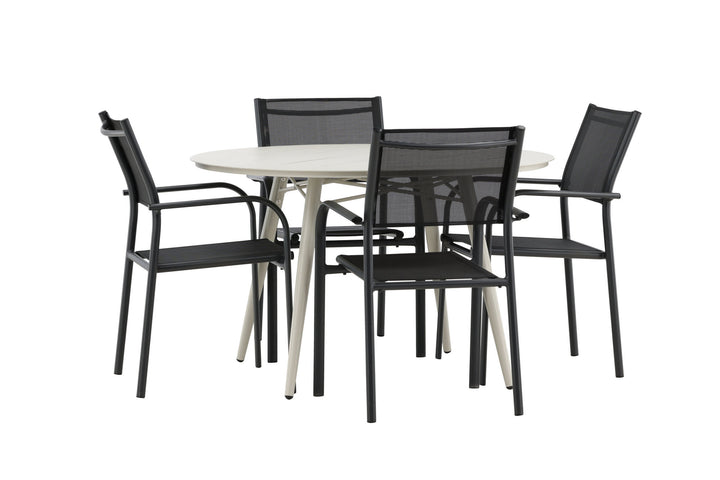 Venture Home Lina Dining Table - Beige - Round 120 cm _1+ Santorini Arm Chair (Stackable) - Black alu / Black Textilene _4