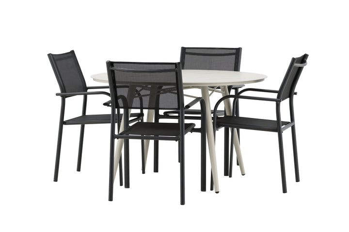 Venture Home Lina Dining Table - Beige - Round 120 cm _1+ Santorini Arm Chair (Stackable) - Black alu / Black Textilene _4