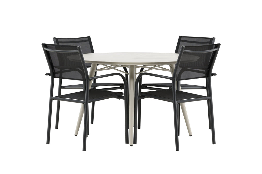 Venture Home Lina Dining Table - Beige - Round 120 cm _1+ Santorini Arm Chair (Stackable) - Black alu / Black Textilene _4