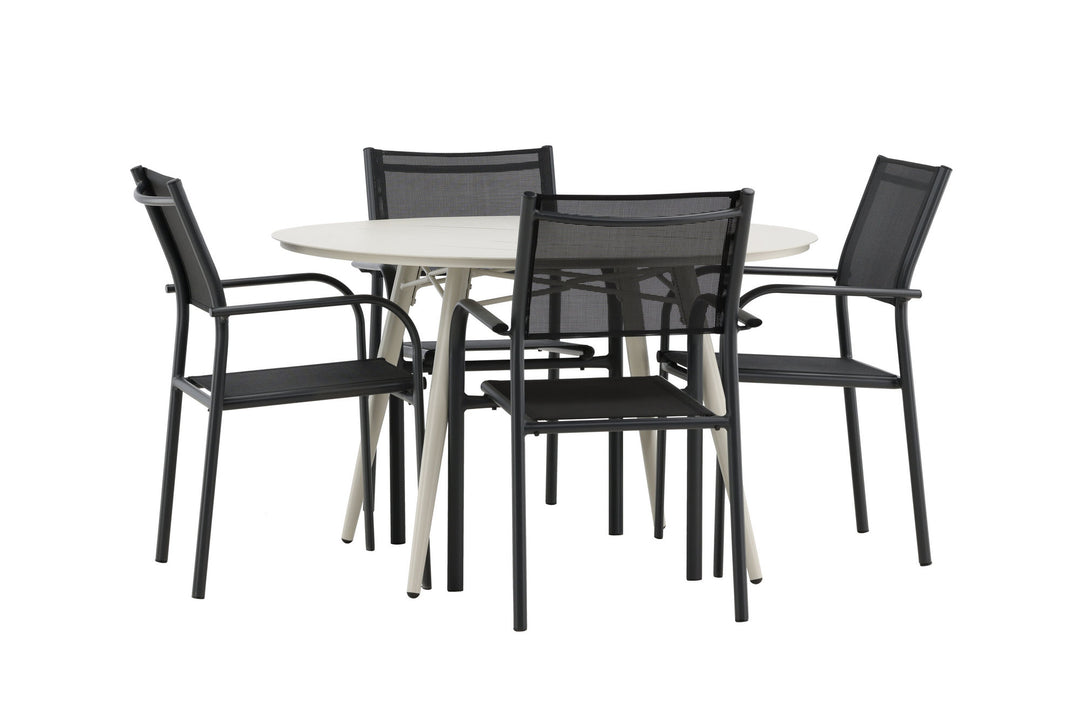Venture Home Lina Dining Table - Beige - Round 120 cm _1+ Santorini Arm Chair (Stackable) - Black alu / Black Textilene _4