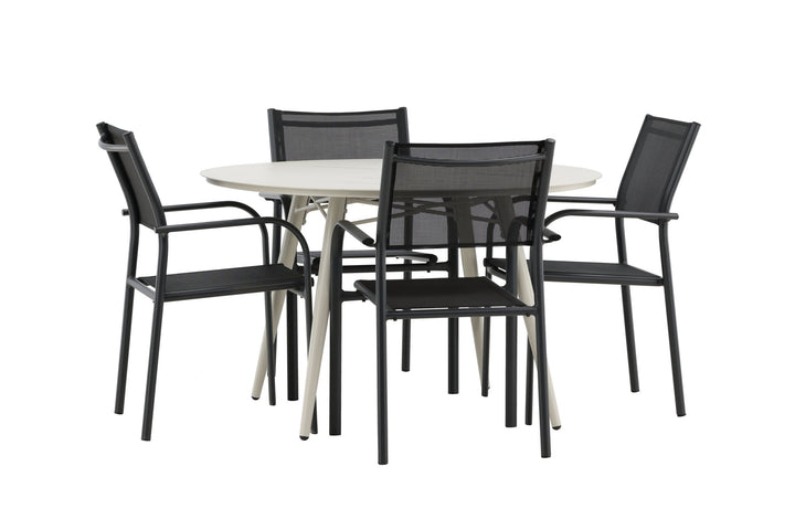 Venture Home Lina Dining Table - Beige - Round 120 cm _1+ Santorini Arm Chair (Stackable) - Black alu / Black Textilene _4