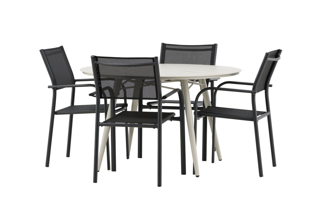 Venture Home Lina Dining Table - Beige - Round 120 cm _1+ Santorini Arm Chair (Stackable) - Black alu / Black Textilene _4